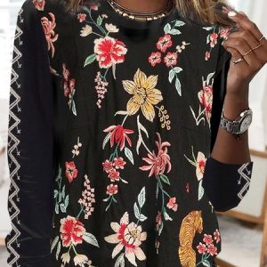Floral printed casual round neck women's T-shirt, Long sleeves, Lilicloth.com
