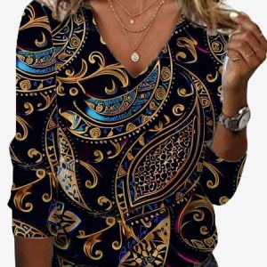 Women's Long Sleeve Tee T-shirt Spring/Fall Ethnic Jersey V Neck Daily Going Out Casual Top, JustFashionNow T-Shirts, color:Black|size:XXL,