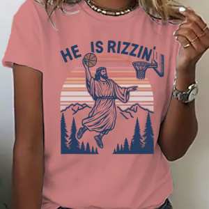 He Is Rizzin' Funny Jesus Playing Basketball Cotton T-Shirt, T-shirts, Lilicloth.com