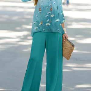 Women's Floral Printing Two-Piece Set Daily Long Sleeve Casual Spring/Fall Top With Pants Matching Set, JustFashionNow Suit Set, color:Cyan|size:XXL,