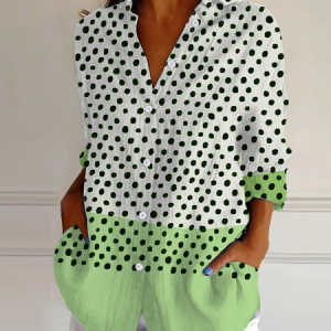 Shawl Collar Long Sleeve Multicolor Block Regular Micro-Elasticity Loose Shirt For Women, Shirts, color:Green|size:4XL, catalog Noracora shop