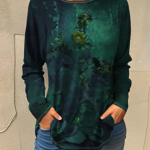 Women's Floral Long Sleeve Tee T-shirt Crew Neck Printing Casual Spring/Fall Graphic Tee Top, JustFashionNow T-Shirts, color:Green|size:XXL