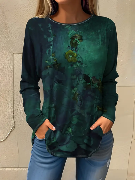 Women's Floral Long Sleeve Tee T-shirt Crew Neck Printing Casual Spring/Fall Graphic Tee Top, JustFashionNow T-Shirts, color:Green|size:XXL,