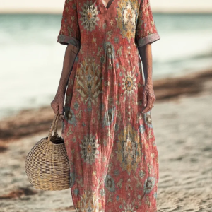 Women's retro ethnic totem art print pocket V-neck dress, Dresses, Lilicloth.com