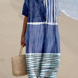 Cotton-Blend Boho Ethnic Geometry Loose Dress With No, Dresses, Lilicloth.com