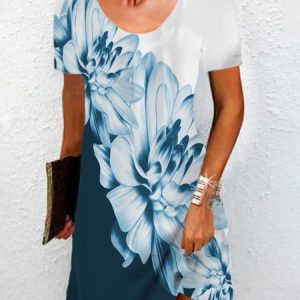 Women's Short Sleeve Summer Floral Jersey Dress Crew Neck Vacation Going Out Casual Mini H-Line TUNIC, JustFashionNow Dresses, color:Blue|size:XXL,