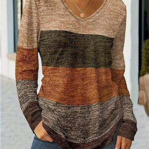 Women's Long Sleeve Blouse Spring/Fall Color Block Printing V Neck Holiday Going Out Casual Top, JustFashionNow T-Shirts, color:Brown|size:XXL,