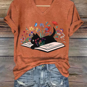 Cat Book Casual Loose V Neck T-Shirt, T-shirts, Lilicloth.com