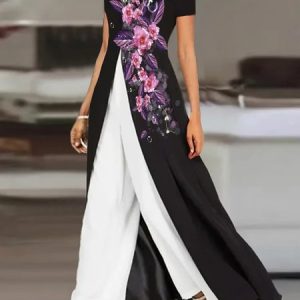 Women's Jersey Floral Daily Going Out Two Piece Set Short Sleeve Casual Summer Top With Pants Matching Set, JustFashionNow Suit Set, color:Black-white|size:XXL,