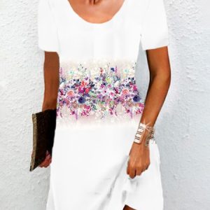 Women's Short Sleeve Summer Floral Jersey Dress Crew Neck Daily Going Out Casual Mini H-Line TUNIC, JustFashionNow Dresses, color:White|size:XXL,