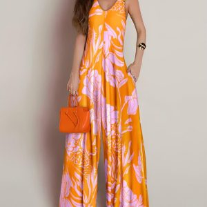 Floral Print V Neck Lace Up Strap Jumpsuit Casual Pocket Design Romper, women Jumpsuits, ChicMe catalog
