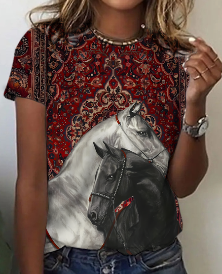 Ethnic pattern horse Print T-Shirt, T-shirts, Lilicloth.com