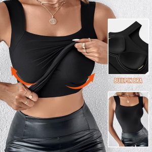 U-Neck Sleeveless Tank Seamless Skinny Layering Top with Built-In Bra, women Tanks & Crop Tops, ChicMe catalog