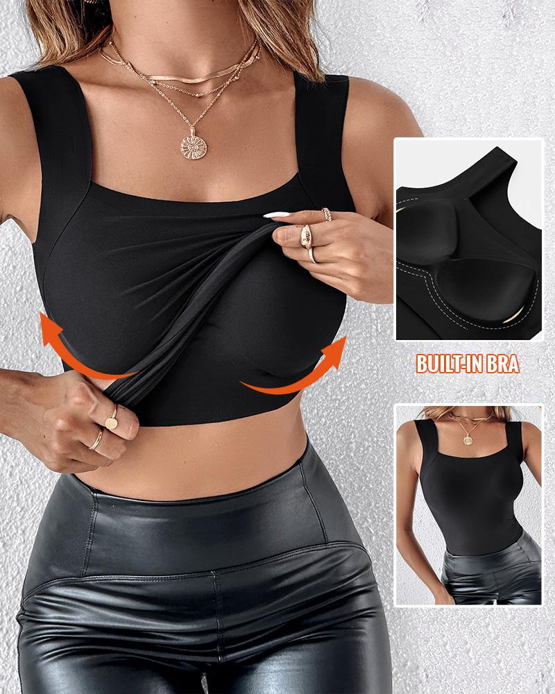 U-Neck Sleeveless Tank Seamless Skinny Layering Top with Built-In Bra, women Tanks & Crop Tops, ChicMe catalog