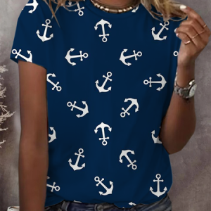 Women's Anchor Short Sleeve Tee T-shirt Crew Neck Printing Casual Summer Graphic Tee Top, JustFashionNow T-Shirts, color:Purplish Blue|size:XXL,