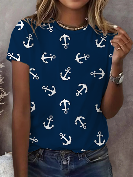 Women's Anchor Short Sleeve Tee T-shirt Crew Neck Printing Casual Summer Graphic Tee Top, JustFashionNow T-Shirts, color:Purplish Blue|size:XXL - Image 2