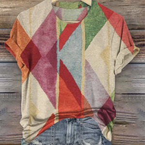 Geometric Crew Neck Casual T-Shirt, T-shirts, Lilicloth.com