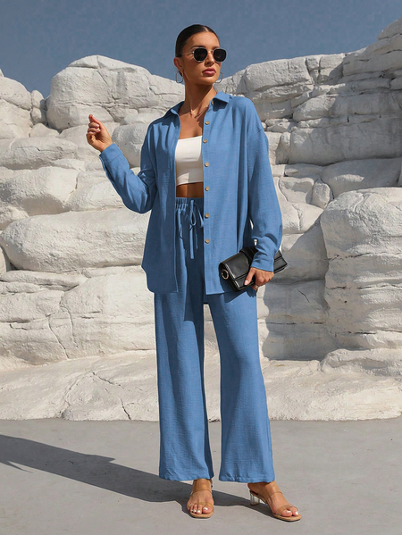 Women's Plain Two-Piece Set Daily Long Sleeve Casual Spring/Fall Top With Pants Matching Set, JustFashionNow Suit Set, color:Blue|size:XL,