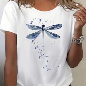 Women Dragonfly Short Sleeve Tee T-shirt Crew Neck Printing Casual Summer Graphic Tee Top, JustFashionNow T-Shirts, color:White|size:XXL,