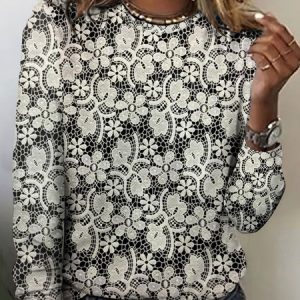 Lace floral print casual long sleeved T-shirt, Long sleeves, Lilicloth.com
