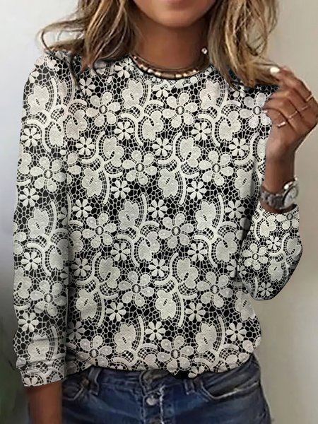 Lace floral print casual long sleeved T-shirt, Long sleeves, Lilicloth.com