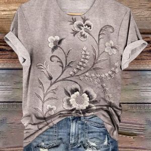 Casual Floral Crew Neck Short Sleeve T-shirt, T-shirts, color:Taupe|size:4XL, catalog Noracora shop