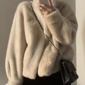 Womens High Neck Open Front Long Sleeve Faux Fur Crop Coat Soft Winter Warm Jacket Outerwear, women Jackets & Coats, ChicMe catalog