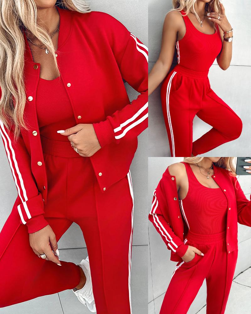 3 Piece Outfits Matching Sets Striped Tape Patch Tank Tops Button Front Jacket Cuffed Pants with Pockets Tracksuit, women Two-piece Sets, ChicMe catalog - Image 4