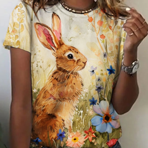 Women Easter (rabbit) Short Sleeve Tee T-shirt Crew Neck Casual Summer Top, JustFashionNow T-Shirts, color:Yellow|size:XXL,
