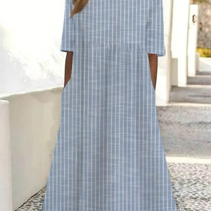 Women Striped Short Sleeve Summer Printing Dress Crew Neck Daily Casual Maxi Shift Dress H-Line Dress, JustFashionNow Casual Dresses, color:Blue|size:4XL,