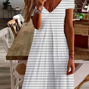 Women's Striped Short Sleeve Summer Printing Dress V Neck Daily Casual Knee Length T-Shirt Dress H-Line Dress, JustFashionNow Casual Dresses, color:Light Gray|size:XXL,