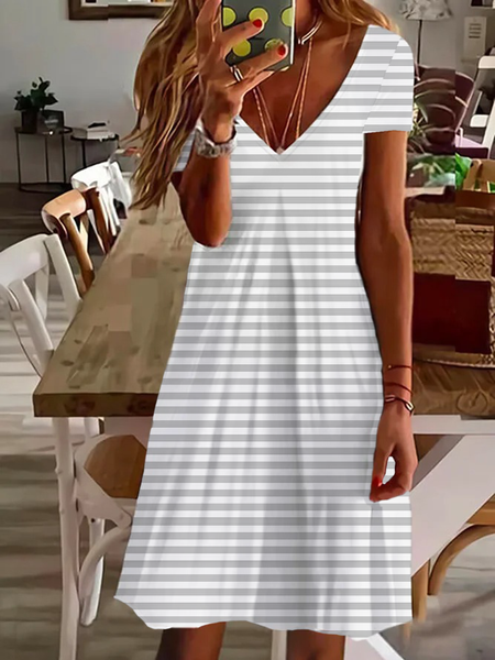 Women's Striped Short Sleeve Summer Printing Dress V Neck Daily Casual Knee Length T-Shirt Dress H-Line Dress, JustFashionNow Casual Dresses, color:Light Gray|size:XXL,
