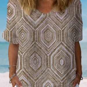 Women's Short Sleeve Blouse Summer Ethnic Cotton Crew Neck Daily Going Out Casual Top, JustFashionNow Blouses, color:Khaki|size:XXL,