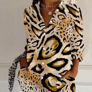 Leopard Print Long Sleeve Shirt, Blouses, Lilicloth.com