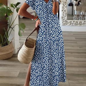 Women's Floral Short Sleeve Summer Printing Dress V Neck Daily Casual Maxi X-Line Dress, JustFashionNow Casual Dresses, color:Purplish Blue|size:3XL,