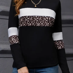 Women's Long Sleeve Tee T-shirt Spring/Fall Leopard Printing Crew Neck Casual Graphic Tee Top, JustFashionNow T-Shirts, color:Black|size:XXL,