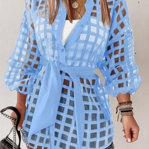 Plaid Turn-down Collar Sheer Mesh Long Sleeve Tied Detail Shirt Dress  Mini Dress with Belt, women Shirt Dresses, ChicMe catalog