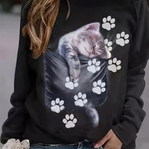 Women's Crew Neck Cat Printing Casual Spring/Fall Long Sleeve Sweatshirt, JustFashionNow Sweatshirts & Hoodies, color:Black|size:XXL,
