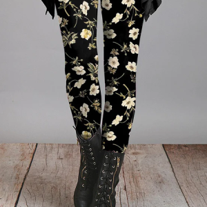 Women's Casual Floral Jersey All Season Printing Long Leggings, JustFashionNow Leggings, color:Black|size:XXL,