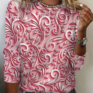 Women's Leaf Long Sleeve Floral Tee T-shirt Crew Neck Casual Spring/Fall Top, JustFashionNow T-Shirts, color:Pink|size:XXL,