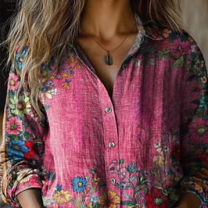 Women's Artistic Floral Print Long Sleeve Shirt, Blouses, Lilicloth.com
