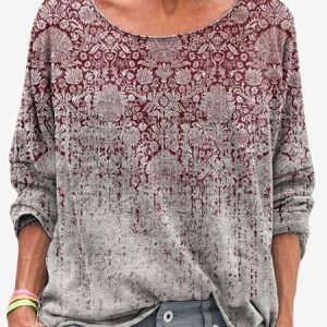 Women's Floral Long Sleeve Tee T-shirt Crew Neck Casual Spring/Fall Vintage Top, JustFashionNow T-Shirts, color:Wine Red|size:XXL,