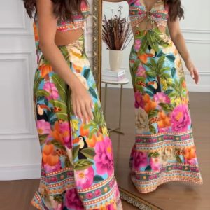 Floarl Print V Neck Lace Up Hollow Out Vaction Dress Casual A Line Tied Detail Backless Maxi Dress, women Maxi Dresses, ChicMe catalog