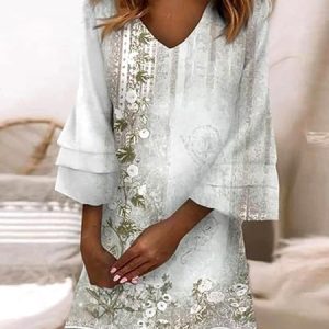 Women Floral V Neck Long Sleeve Comfy Casual Mini Dress, Midi, color:White|size:5XL, catalog Noracora shop