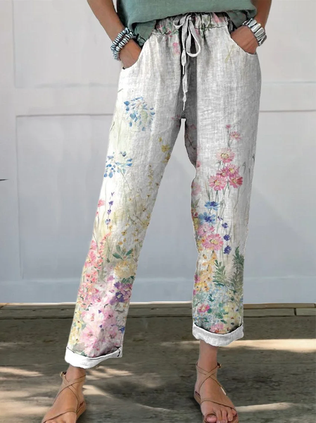 Women's Straight Pants Daily Going Out Pants White Casual Printing Floral Spring/Fall Pants, Pants, Lilicloth.com