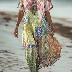 Women Geometric V Neck Short Sleeve Comfy Casual Maxi Dress, Maxi, color:As Picture|size:4XL, catalog Noracora shop