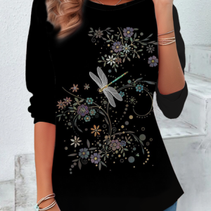 Women's Floral Long Sleeve Tee T-shirt Crew Neck Printing Casual Spring/Fall Graphic Tee Top, JustFashionNow T-Shirts, color:Black|size:XXL,