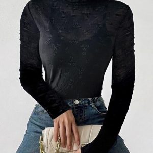 Frill Trim Mock Neck Long Sleeve Lace Tee Casual Floral Sheer Mesh Layering Top, women T-shirt & Tees, ChicMe catalog