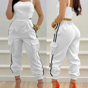 Contrast Paneled Pocket Design Cargo Jumpsuit Casual Shirred Strechy Strap Romper, women Jumpsuits, ChicMe catalog