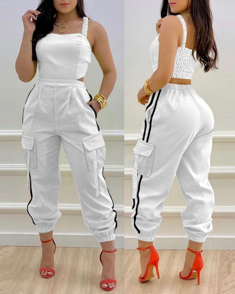 Contrast Paneled Pocket Design Cargo Jumpsuit Casual Shirred Strechy Strap Romper, women Jumpsuits, ChicMe catalog